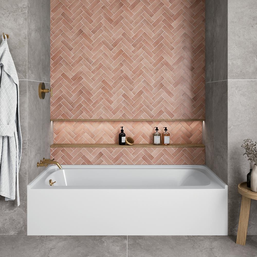 Glossy White Acrylic Alcove Bathtub with Brushed Gold Trim