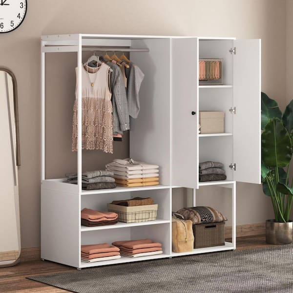 Pantry Organized With 2-Doors, Wardrobe Closet Cabinet With Shelves, Large Clothing Storage With Hanging Rod in White