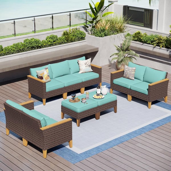 PHI VILLA Brown Wicker Rattan 9 Seat 9-Piece Steel Outdoor Patio Conversation Set with Blue Cushions and 2 Ottomans
