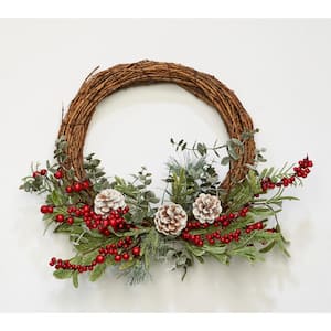 20 in. Pine Needle Half Artificial Christmas Wreath with Pine Cone Red Berries