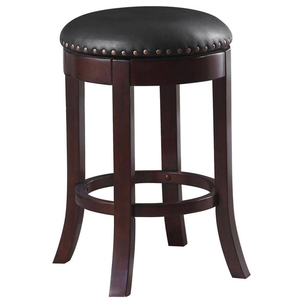 24" Brown Faux Leather Swivel Counter Stools with Wood Legs