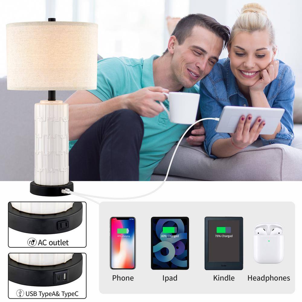 White Ceramic Table Lamp Set with USB Port and Linen Shade