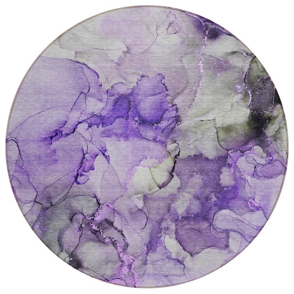 Purple 8 ft. Round Woven Abstract Polyester Round Indoor/Outdoor Area Rug