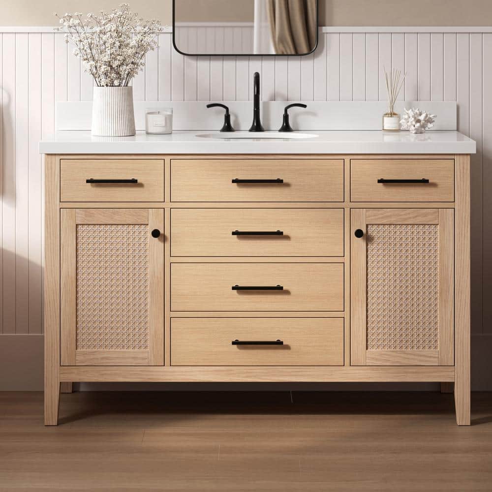 Camila 55" Light Brown Wood Single Sink Vanity with White Quartz Top