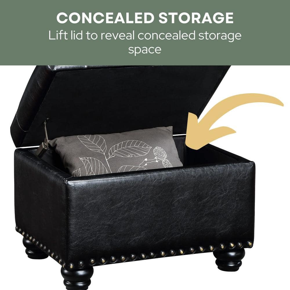 Black Tufted Storage Ottoman with Nailhead Trim