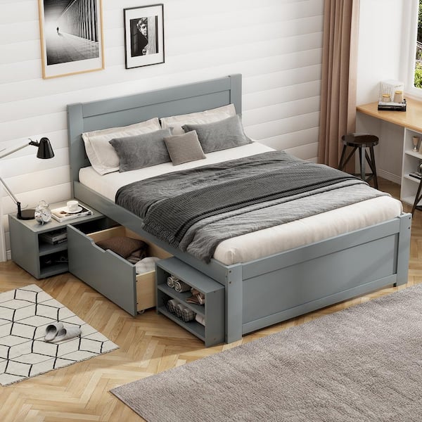 Harper & Bright Designs Gray Wood Frame Twin Size Platform Bed With 1 Spacious Drawer and 2 Shelves with Wheels