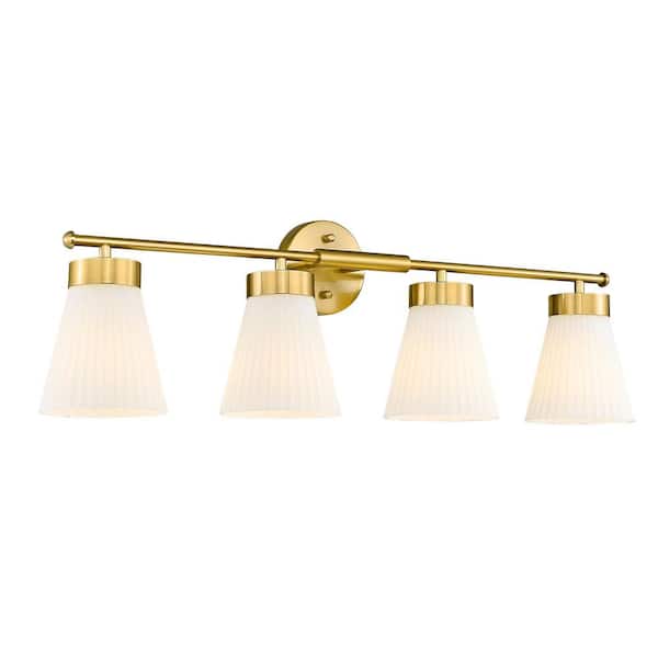 JAZAVA 32.3 in. 4 Light Gold Vanity Light with Glass Shade