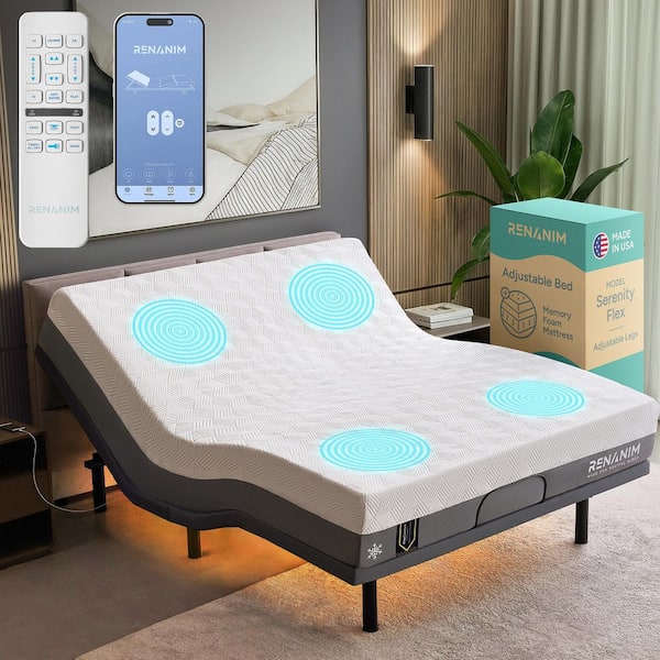 Adjustable Gray Bed Frame King USB, Under Bed Light, Gel Memory Foam, App Control, Platform Bed + 14" Mattress