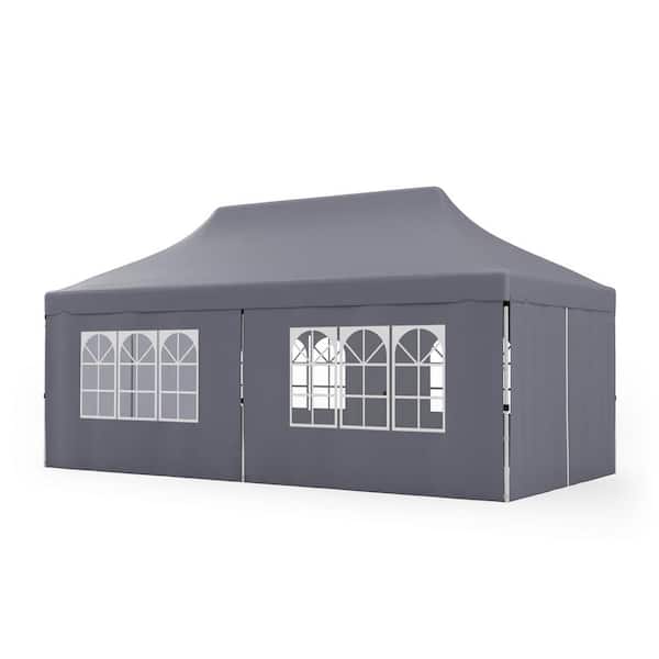 ANGELES HOME 10 ft. x 20 ft. Gray Pop-Up Canopy with 6-Sidewalls and Windows and Carrying Bag for Party Wedding Picnic