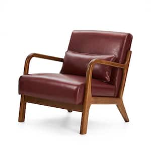 30.00 in. H Mid-Century Modern Red Leatherette Accent Arm Chair with Walnut Ruber Wood Frame
