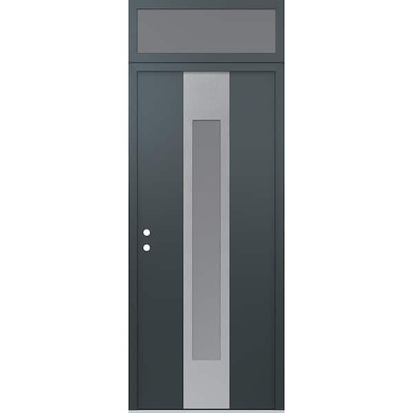A1 36 in. x 96 in. Silver P Right-Hand/Inswing Frosted Glass Anth/Anth Transom Steel Prehung Front Door