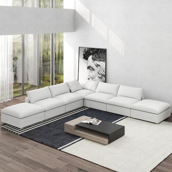 118 in. Square Arm 7-Piece Linen L-shaped Sectional Sofa Corner Cloud Couch in White