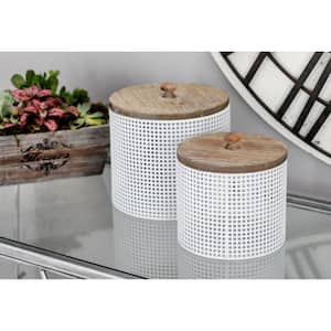 White Metal Mesh Inspired Decorative Jars with Wood Lids (Set of 2)