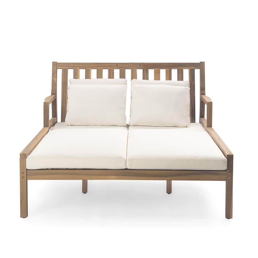 Wood Outdoor Day Bed with Beige Cushion,Patio Curved Armrests Daybed with F