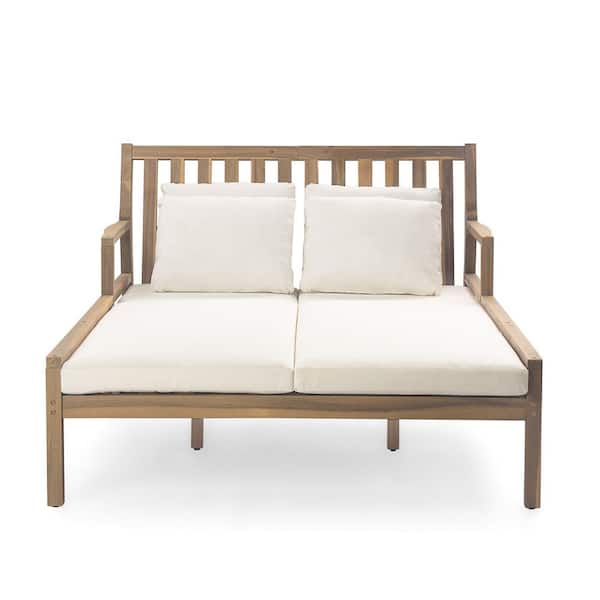 Wood Outdoor Day Bed with Beige Cushion,Patio Curved Armrests Daybed with Four Pillows for Poolside, Backyard,Light Teak