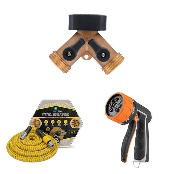 Pro Series 3/4 in. x 100 ft. Expandable Hose, 8-Pattern Front Trigger Nozzle and Brass 2-Way Shut-Off Fitting Combo