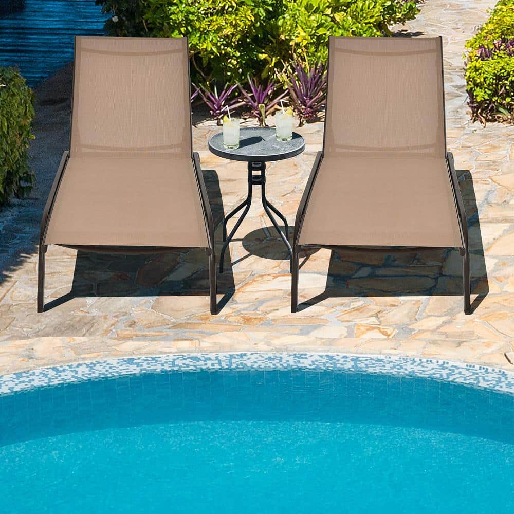Brown Steel Adjustable Outdoor Chaise Lounge Chairs with Wheels