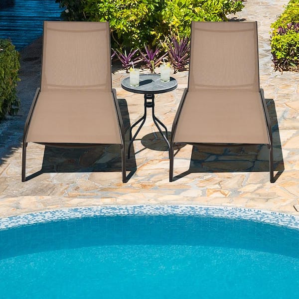 Reclining Metal Outdoor Lounge Chair Chaise Adjustable Back with Wheels Brown (2-Pack)