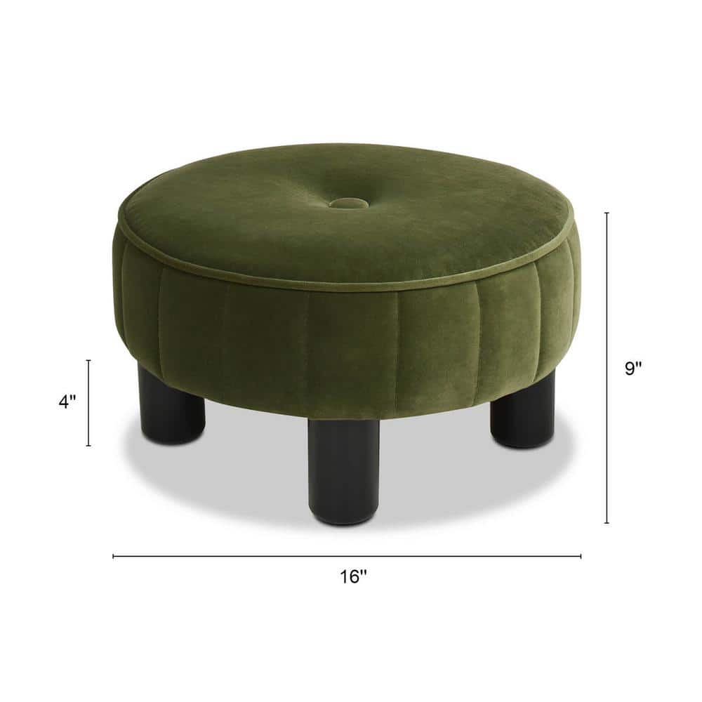 Tufted Olive Green Velvet Round Ottoman, 17"