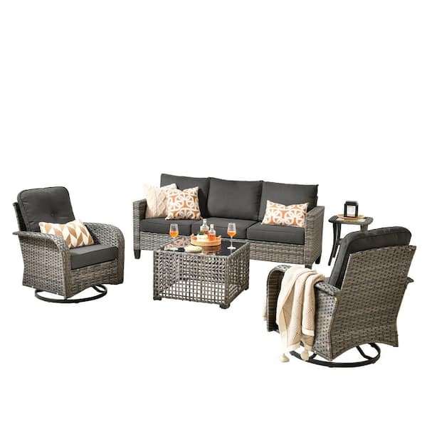 Aurora 5-Piece Wicker Patio Conversation Sofa Set with Swivel Rocking Chairs and Black Cushions