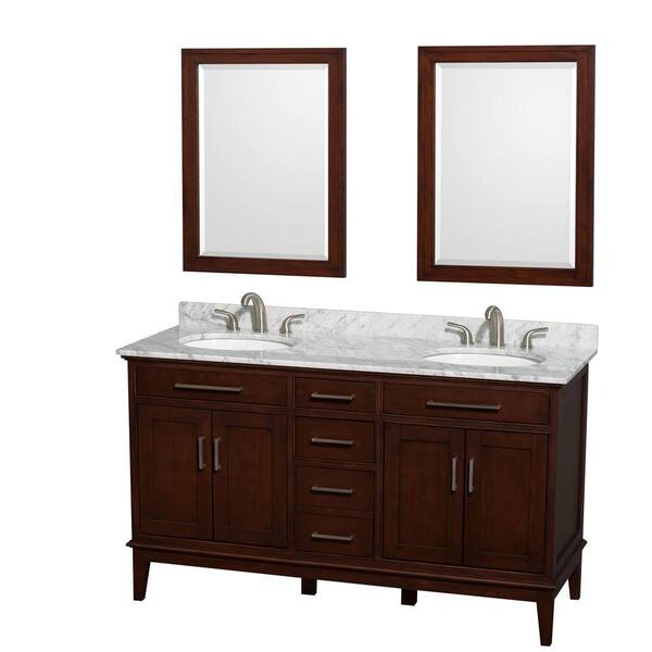 Wyndham Collection Hatton 60 in. Double Vanity in Dark Chestnut with Marble Vanity Top in Carrara White, Sink and 24 in. Mirrors