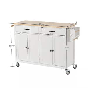 White Kitchen Island Cart with Solid Wood Top & Locking Wheel 4-Door & 2-Drawer Kitchen Cart with Spice Rack Towel Rack