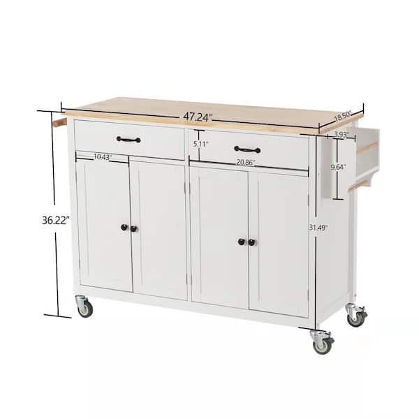 White Kitchen Island Cart with Solid Wood Top & Locking Wheel 4-Door & 2-Drawer Kitchen Cart with Spice Rack Towel Rack