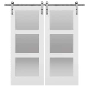 72 in. x 84 in. Shaker 3-Lite Frosted Glass Primed MDF Double Sliding Barn Door with Bent Strap Hardware Kits