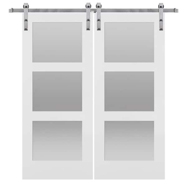 MMI Door 72 in. x 84 in. Shaker 3-Lite Frosted Glass Primed MDF Double Sliding Barn Door with Bent Strap Hardware Kits