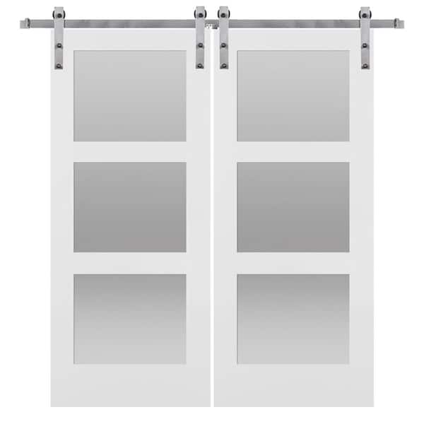 72 in. x 84 in. Shaker 3-Lite Frosted Glass Primed MDF Double Sliding Barn Door with Bent Strap Hardware Kits