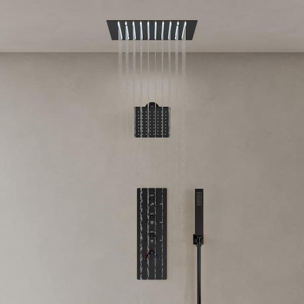 12 in. Mood Light Quadruple Handles 3-Spray Shower Faucet 2.5 GPM with LED, Anti Scald in. Matte Black