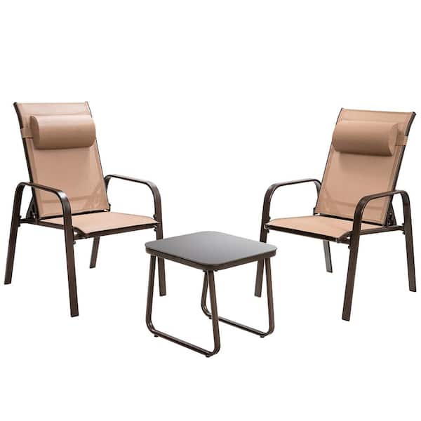 Costway Brown 3-Pieces Metal Square 16.5 in. Outdoor Bistro Set Adjustable Back Stackable Chairs