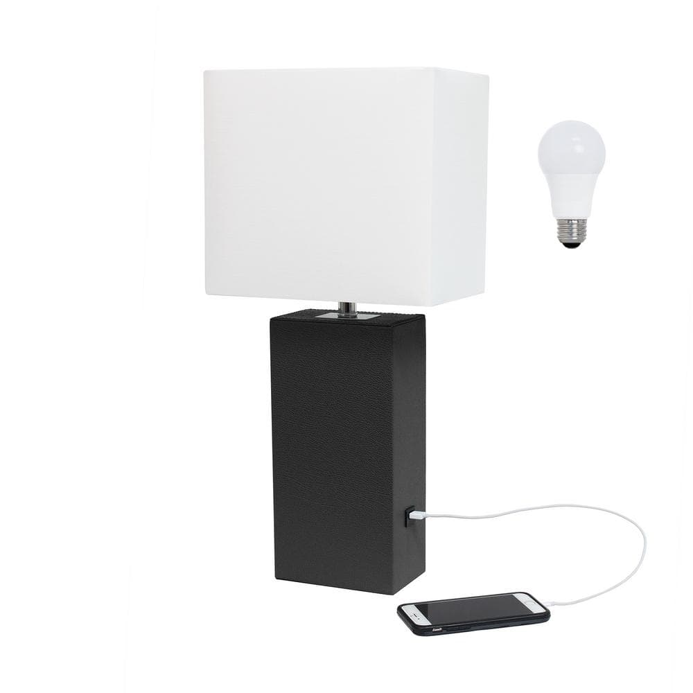 21 in. Black Modern Leather Wrapped Table Lamp, with LED Bulb Included