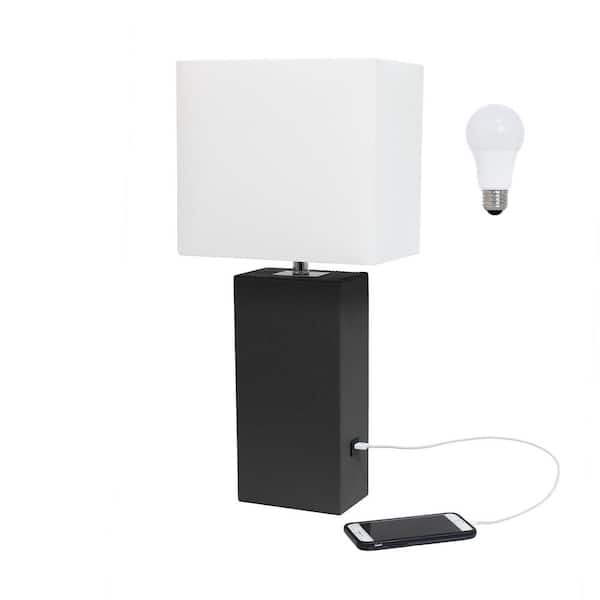 Elegant Designs 21 in. Black Modern Leather Wrapped Table Lamp, with LED Bulb Included