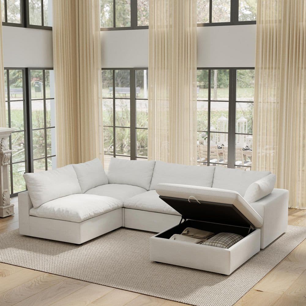 118 in. W Square Arm 5-Piece Linen Modular Free Combination Sectional Sofa with Storage Ottoman in White