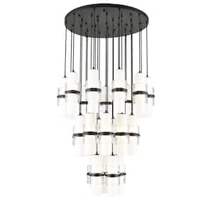Cayden 36 in. 27-Light Matte Black Round Chandelier with Clear Plus Etched Opal Glass Shades