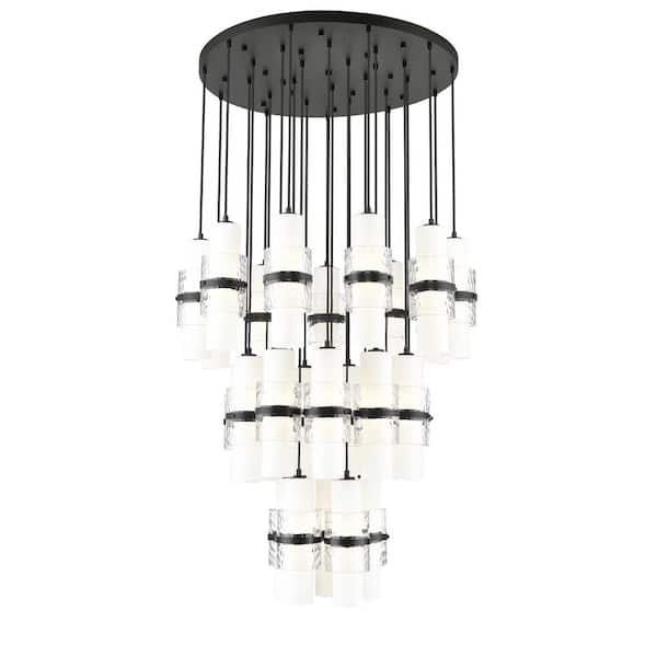 Unbranded Cayden 36 in. 27-Light Matte Black Round Chandelier with Clear Plus Etched Opal Glass Shades