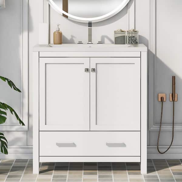 30 in. W x 18 in. D x 34 in. H Bath Vanity in White with White Resin Top,  Multifunctional Storage and Single Sink