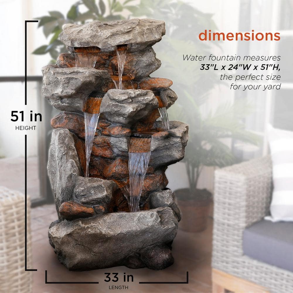 52" Brown Tiered Rock Waterfall Fountain with LED Lights