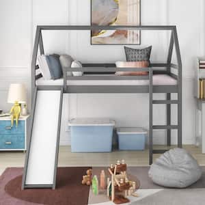 Twin Size Loft Bed with Slide, House Bed with Slide - Gray