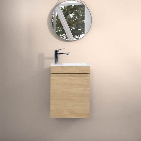 HBEZON Achilles 16 in. W x 9 in. D x 21 in. H Single Sink Floating Bath Vanity in Natural Oak with White Resin Top