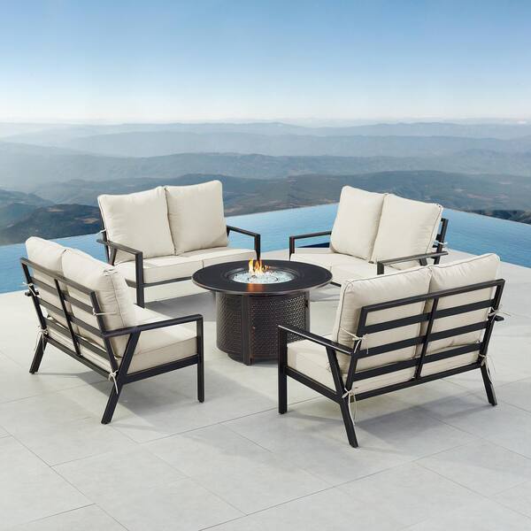 Oakland Living Black 5-Piece Aluminum Fire Table Set with Light Grey Cushions