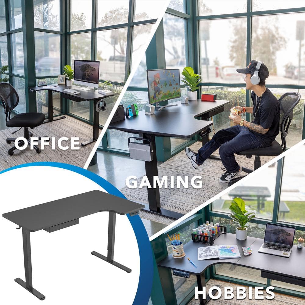AdaptaDesk 35" Black Wood Electric Sit-Stand Corner Desk with Drawer