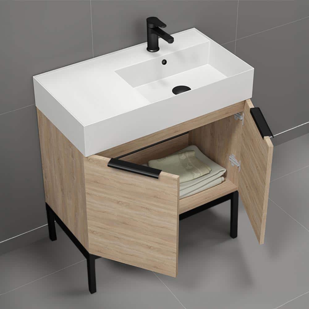 Derin 32" Brown Oak and White Ceramic Freestanding Bathroom Vanity