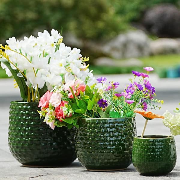 Set of 3 Handmade 4.49/6.3/8.07 in. H Dark Green Textured Round Ceramic Planters, Breathable Flower Pot