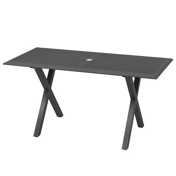 DEXTRUS 59 in. Patio Outdoor Rectangle Aluminum Outdoor Dining Table for 6-Person with Umbrella Hole