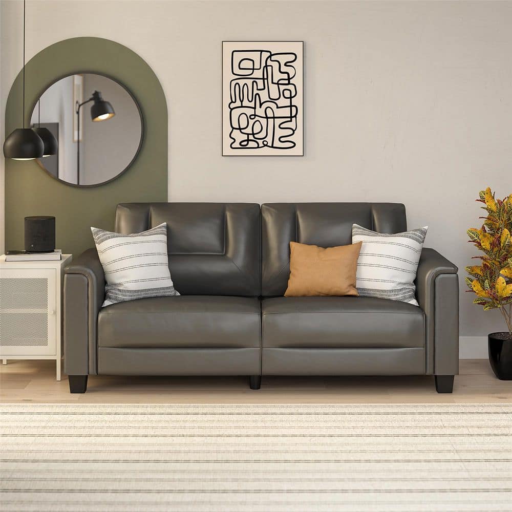LikeHome Bubba 75.5 in. Upholstered Round Arm Sofa, Charcoal Faux Leather