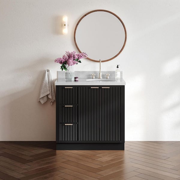 Milan 37 in. W x 21.5 in. D x 36 in. H Single Sink Bath Vanity in Black with Italian Carrara Marble Top