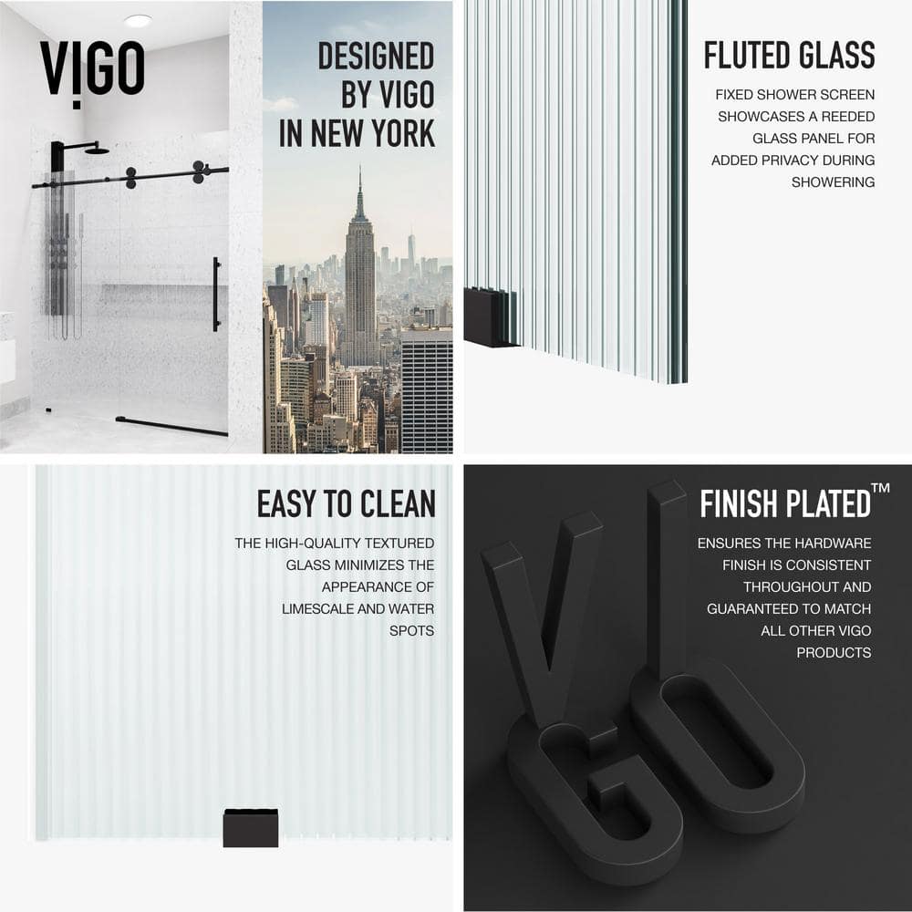 Elan Matte Black Frameless Sliding Shower Door with Fluted Glass