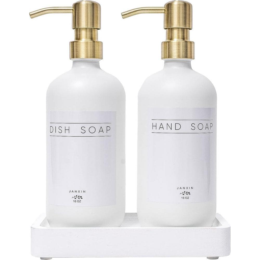 Soap Dispenser with Stainless Steel Pump, Wood Tray, Waterproof Labels for 
